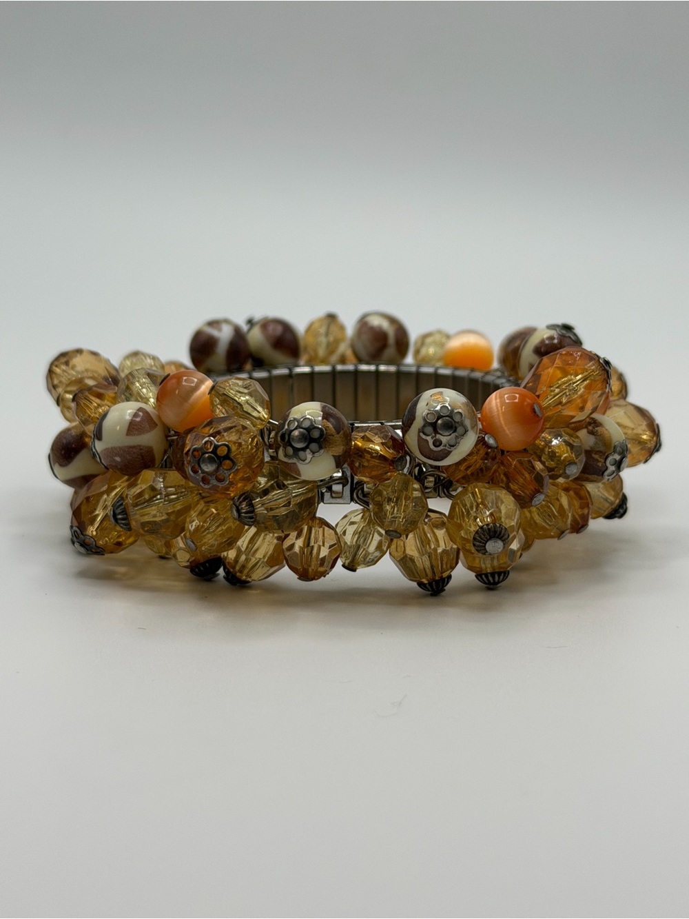 Amber Beaded Cluster Statement Bracelet Stretch Expansion Boho